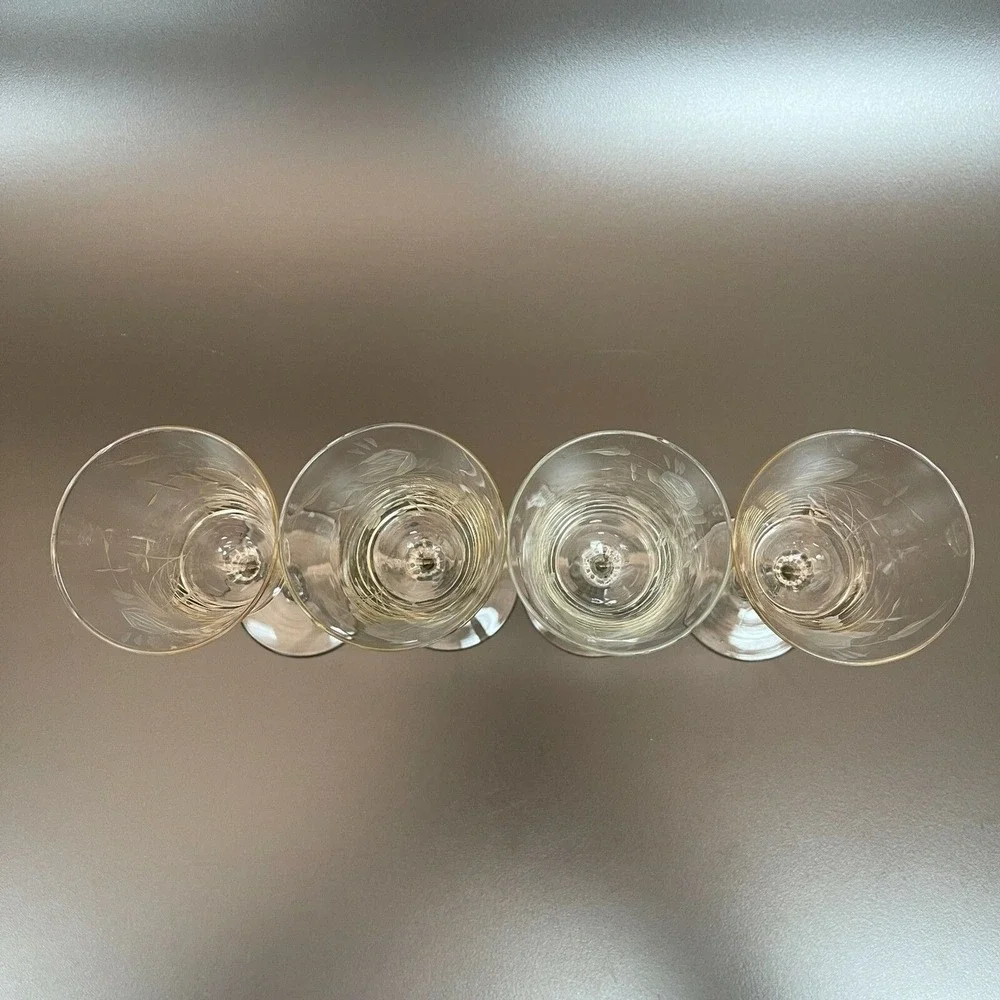 Vintage Etched Glass Glasses Floral Roses Stemmed 6 1/2